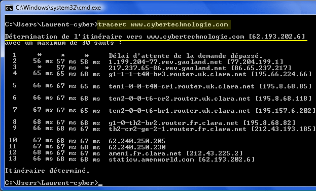 tracert www.cybertechnologie.com (route à travers un réseau)