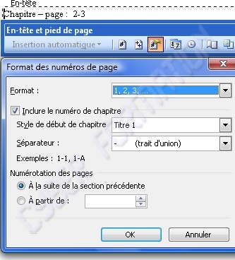 inserer numéro de page et chapitre dans l'entete ou pied de page 3