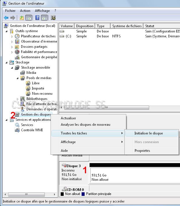 Gestion de l'ordinateur : outils windows, initialiser un disque dur, initialisation disque dur